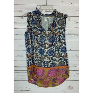 Joie Women's XS Extra Small White Blue Orange Gold Floral Sleeveless Top Blouse